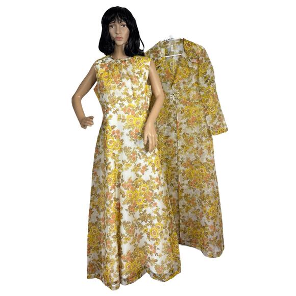 Vintage Unbranded 70’s Yellow Floral Maxi Dress & Matching Coat Set medium - Picture 1 of 17